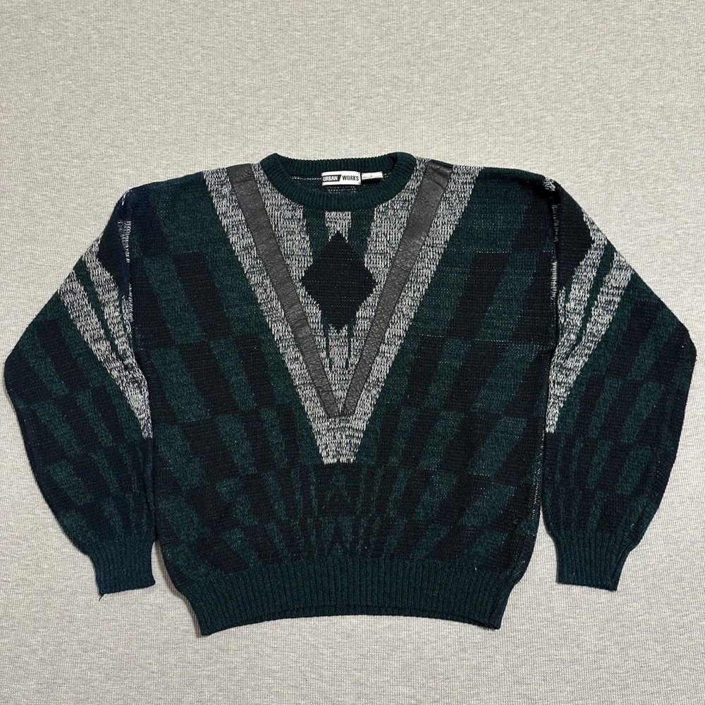 Urban Works Vintage 90s Geometric Leather Trim Acrylic Sweater Green Mens Large‎